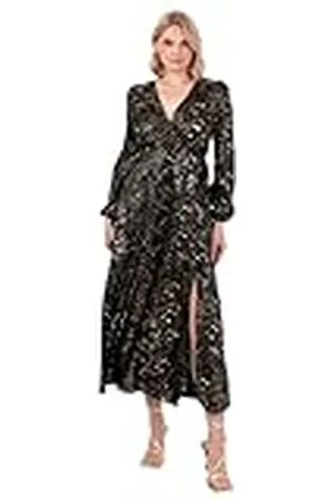 Lovedrobe Dames Midaxi Jurk Dames Wrap V-hals Lange Bisschop Mouw Satijn Goud Fleck Side Tie Riem Split A-lijn Bruiloft Gast, 14, , 40