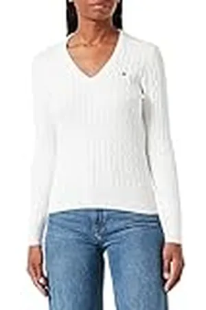 GANT Dames Stretch Cotton Cable V-hals Trui Eggshell Standaard, , XS