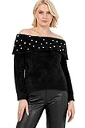 Lovedrobe Dames Jumper Dress Dames Oversized Longline Sweater Off Shoulder Bardot Lange Mouwen Pearl Versierd Knitwear, 40-42, , 40/42 NL