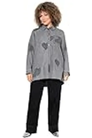 Ulla Popken Dames grote maten plus size jeansblouse, harten, hemdkraag, lange mouwen, lyocellmix, , 62-64