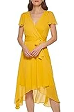 DKNY Dames korte mouwen asymmetrische zoom faux wrap jurk, gouden, 14, , 14
