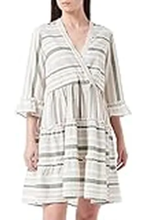 VILA Dames VIETNI 3/4 mouw korte WRAP Jurk mini-jurk, Cloud Dancer/Stripes: Vier Leaf Clover Combo, 42