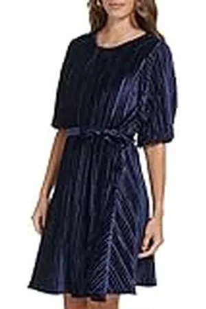 DKNY Dames Bubble Sleeve Pleated Velvet Dress, , 6, , 36