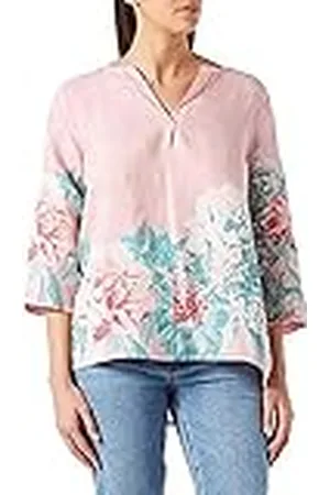 Bonateks Tunesische kraagtop met bloemenprint en lange opsteekbare mouwen, 100% linnen, EU-maat: 36, Amerikaanse maat: M, bovenstuk, satijn - gemaakt in Italië, Meerkleurig, 36