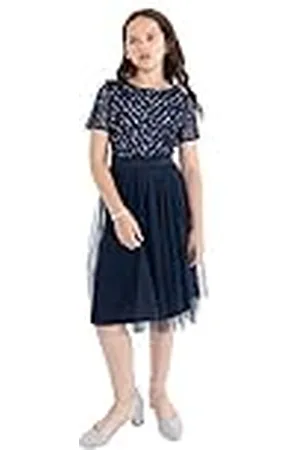 Maya Deluxe Meisjesjurk voor bruiloft met lovertjes verfraaiing korte mouw prom verjaardagsfeestje bruidsmeisje, marine, 5-6 jaar, , 5-6 jaar