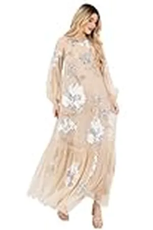 Maya Deluxe Maxi-jurk voor dames, lange mouwen, boothals, pure tule, bloemen, pailletten, verfraaid, trapeziumjurk, avondjurk, baljurk, , 38
