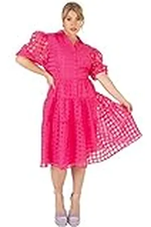 Lovedrobe Dames Midi zomerjurk met knopen gepofte korte mouwen kraag een lijn mesh organza voor zomer party kantoor maat 26 , , 52