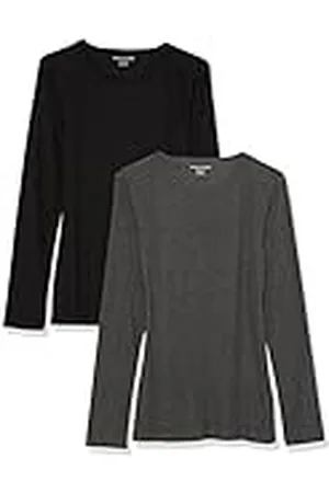 Amazon Dames Slim-Fit Layering Lange Mouw Gebreide Rib Ronde Hals (Verkrijgbaar in Grote Maat), Pack van 2, Zwart/Houtskool Heather, XS