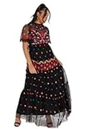 Maya Deluxe Maxi-jurk voor dames, korte mouwen, hoge hals, geborduurde ruches, ruches, tule A-lijn voor gelegenheid, avondbaljurk, , 34