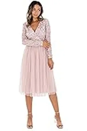 Maya Deluxe Maya Faux Warp Front Embellished Midi Jurk Bruidsmeisjesjurk voor dames, Frosted Pink, 54 NL