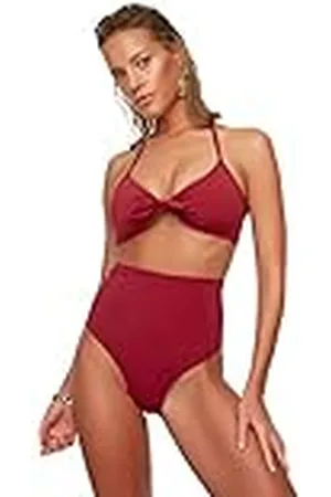 Trendyol Dames Hoge Taille Mok genaaid Zes Bikini Bottoms, Bourgondië, 42
