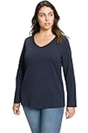 Ulla Popken Dames basic, V-hals, slim, lange mouwen T-shirts, marine, 50/52, , 50/52 Grote maten