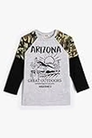 Koton Boys T-shirt met lange raglan mouw, kleurblok, militair patroon, gedrukt detail, , 6-7 Jaar