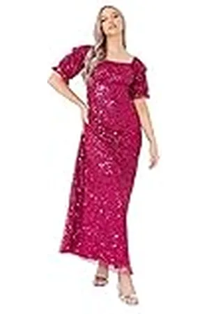 Maya Deluxe Dames Maxi Pailletten Verfraaide Jurk Bruiloft Gast Gepofte Korte Mouwen Lange Vierkante Halslijn Hoge Taille Paars, , 42