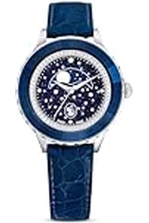 Swarovski Octea Moon horloge, Swiss Made, Maan, Lederen band, , Blauwe afwerking