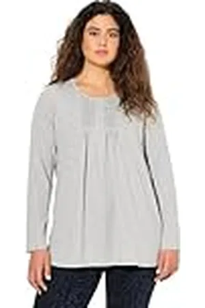 Ulla Popken Grote maten grote maten plus size shirt, plooien, parels, A-lijn, ronde hals, lange mouwen, , 54/56 NL