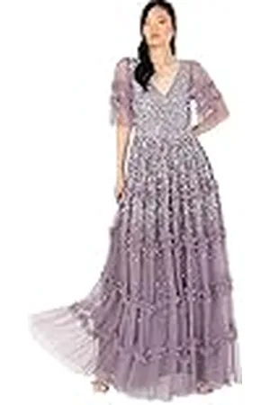 Maya Deluxe Maxi-jurk voor dames, V-hals, pailletten, versierd met ruches voor bruiloft, gast, bruidsmeisje, gala, gelegenheid baljurk, , 42
