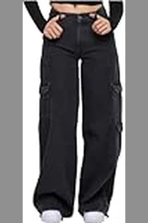 Urban classics Damesbroek ladies Mid Waist Cargo Denim Pants Black Charcoal Washed 26, , 26