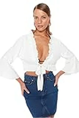 Trendyol Dames Regular Basic V-hals Geweven Blouse Shirt, , 60