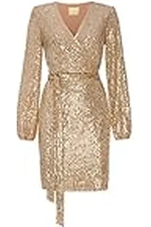 Swing INES | gouden mini-jurk voor dames | elegante feestelijke partyjurk | avondjurk | bruiloftsjurk | glanzende korte jurk | glitterjurk | sexy | lange mouwen 38 (M), , M