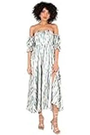Lovedrobe Dames Dames Dames Midaxi Jurk Bardot Off-The-Shoulder Neckline Short Ruffle Sleeve A-lijn Split Leg Abstract Print, 52, , 52 NL