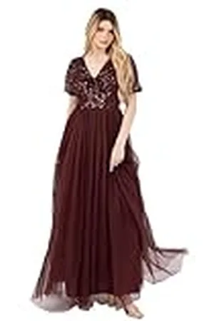 Maya Deluxe Maxi-jurk voor dames, V-hals, korte pofmouwen, pailletten, verfraaid, twist, voorkant, tule, A-lijn, bruidsmeisje, galajurk, dames, , 50