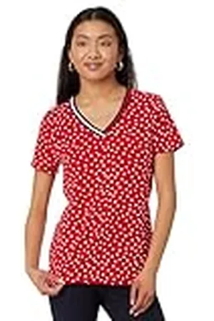 Tommy Hilfiger Dames T-shirt met korte mouwen en kwaststip met V-hals en vlag, , M