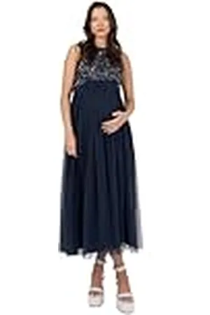 Maya Deluxe Dames zwangerschapsjurk voor zwangere bruiloftsgast Midaxi mouwloze pailletten verfraaid tule ronde hals bruidsmeisje, blauw, 6, , 32
