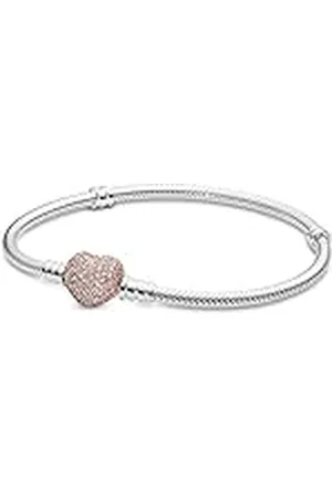 PANDORA Pavé-Herz-Verschluss Schlangen-Gliederarmband mit Sterling-Silber und 14 Karat rosévergoldete Metalllegierung, Cubic Zirkonia Steinen aus der Moments Collection, 19cm