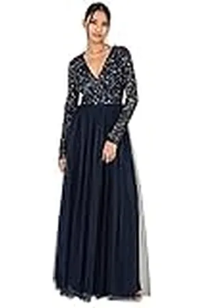 Maya Deluxe Damesjurk voor bruiloften, V-hals, hoge taille, maxi-jurk, lange avondjurk, bruidsmeisjesjurk, , 52 NL