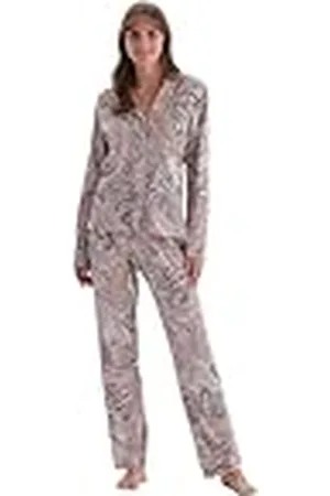 Dagi Dames shirt met lange mouwen kraag paisley patroon gebreide pyjama pak pyjama set, Meerkleurig, 3XL
