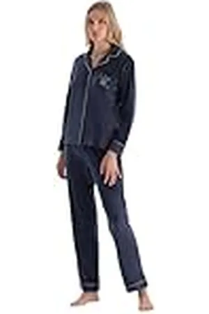 Dagi Dames Navy Embroidery Gedetailleerd Fluwelen Shirt Broek Pyjama Set, S, , S