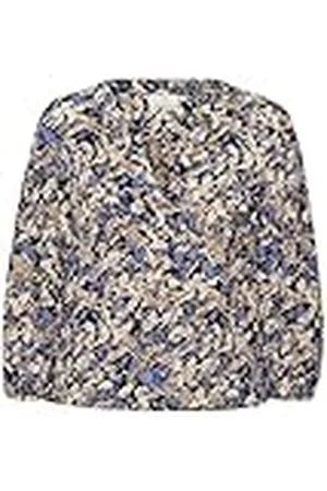 Kaffe Dames T-Shirt, lange mouwen, Blauw/Bruin, Tone Leaf Print, 36