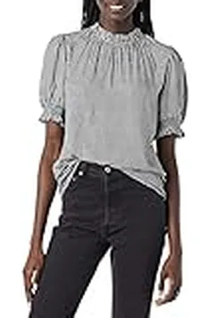 Amazon Vrouwen Fluid Twill korte pofmouw Smock Detail Shirt, zwart Gingham, Large