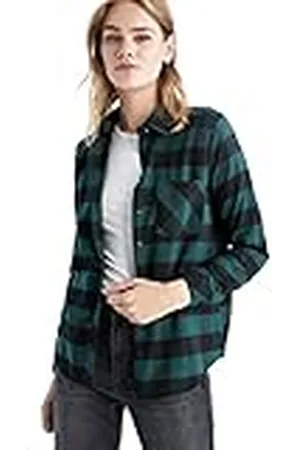 DeFacto Damesblouse met lange mouwen, hemd met knopen, voor vrijetijdskleding (groen, XXL), , XXL
