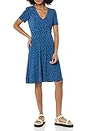 Amazon Dames korte mouw V-hals verzameld fit & flare jurk, , X-Large