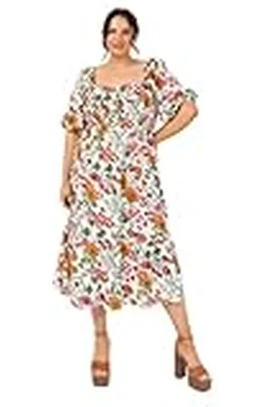 Lovedrobe Midi-jurk voor dames, korte pofmouwen, vierkante halslijn, gebloemd, ruffle, frill, A-lijn, melkmaid, zomer, smok, bloemenpatroon, 36, , 36
