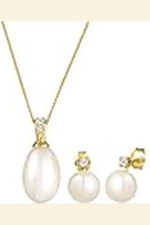 DIAMORE Sieradenset dames halsketting + oorbellen 585 geelgoud diamant (0,12 ct) wit 585 geelgoud diamant (0,12 ct) wit rond geslepen zoetwaterparel wit - 0906771115_45-45 cm lengte