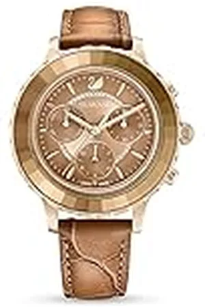 Swarovski Octea Lux Chrono horloge, Swiss Made, Lederen band, Bruin, Goudkleurige afwerking