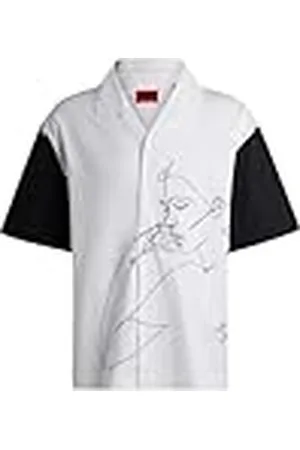 HUGO BOSS Heren Egeeno Oversized-fit Shirt in katoenen popeline met seizoensgebonden print, , S