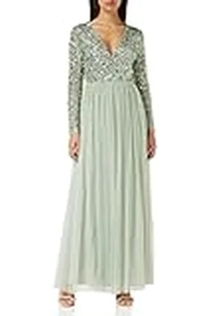 Maya Deluxe Damesjurk voor bruiloften, V-hals, hoge taille, maxi-jurk, lange avondjurk, bruidsmeisjesjurk, groen, Lily, 54 NL