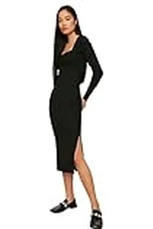 Trendyol Dames Black Square Collar Attack Bodycon Midi gebreide casual jurk, L
