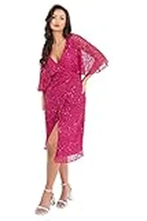 Maya Deluxe Midi-jurk voor dames, pailletten, versierd met cape mouwen, wikkeljurk voor bruiloft, gast, bruidsmeisje, cocktail, balavond, , 38