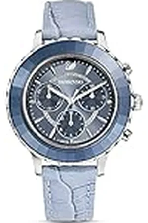 Swarovski Octea Lux Chrono horloge, Swiss Made, Lederen band, Blauw, Roestvrij staal