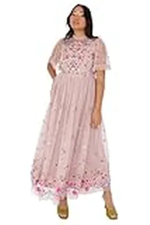 Maya Deluxe Midaxi-jurk voor dames, korte mouwen, ruches, hoge hals, geborduurde A-lijn voor bruiloft, gast, gelegenheid, baljurk, , 40