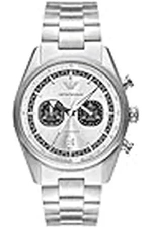 Emporio Armani Horloge Voor Mannen, Chronograaf uurwerk met 2 wijzerplaten en kastmaat 43 mm met roestvrij stalen, leren of siliconen bandZwart en zilvertintZwart en zilvertint