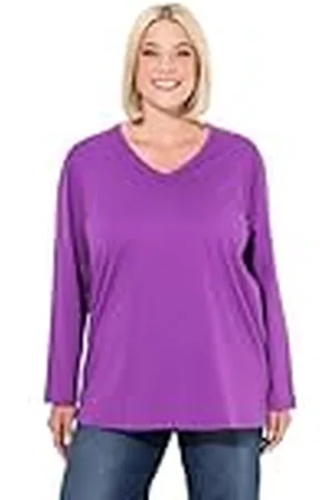 Ulla Popken Dames grote maten plus size shirt, V-hals, relaxed, lange mouwen, , 50-52