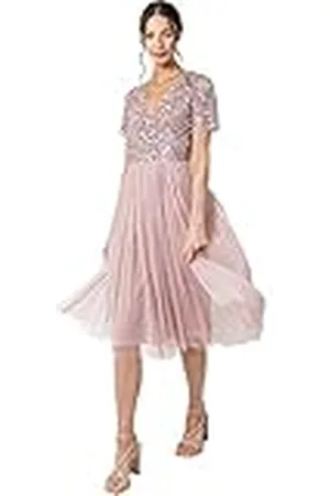 Maya Deluxe Verfraaide midi-avondjurk voor dames, V-hals, korte mouwen, voor gala, bruiloft, bruidsmeisje, , 46