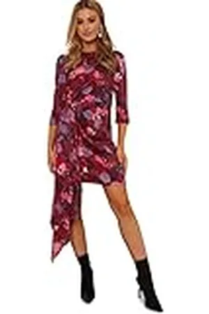 Chi Chi London Vrouwen Drape Detail Bloemen Midi-jurk in Berry Cocktail, 14, , 40