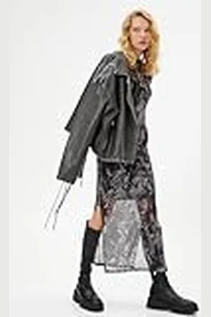 Koton Dames tule maxi-jurk patroon slit detail lange mouwen rond detail half gevoerd, , M